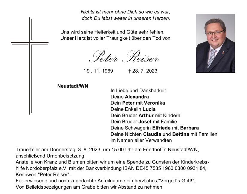 Traueranzeige Peter Reiser, Neustadt/WN