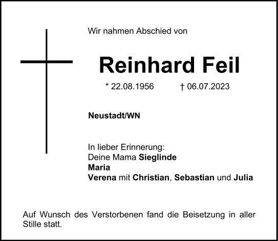 Traueranzeige Reinhard Feil, Neustadt/WN