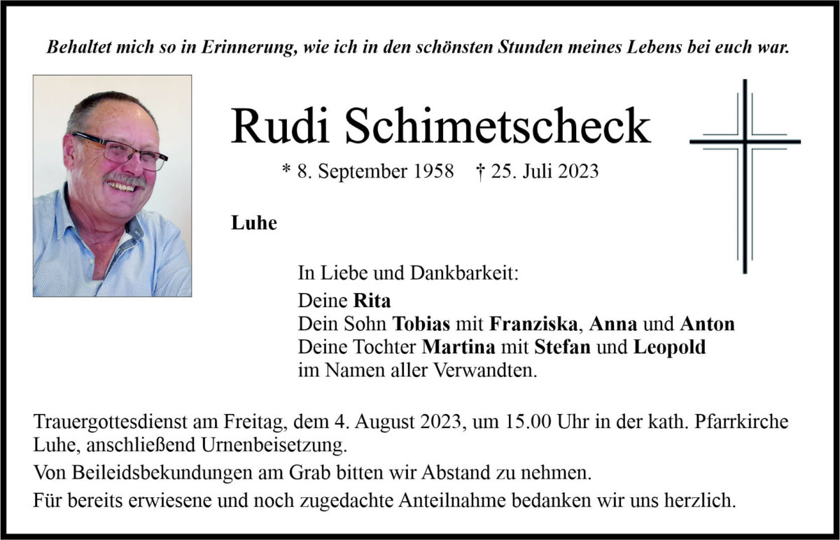 Traueranzeige Rudi Schimetscheck, Luhe