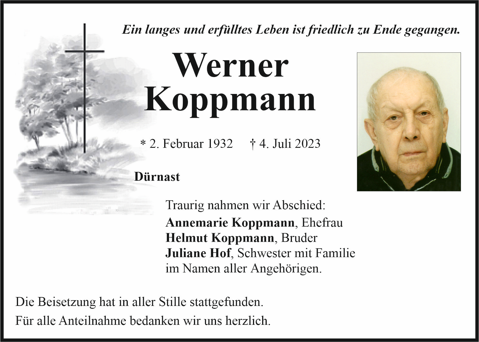 Traueranzeige Werner Koppmann, Dürnast