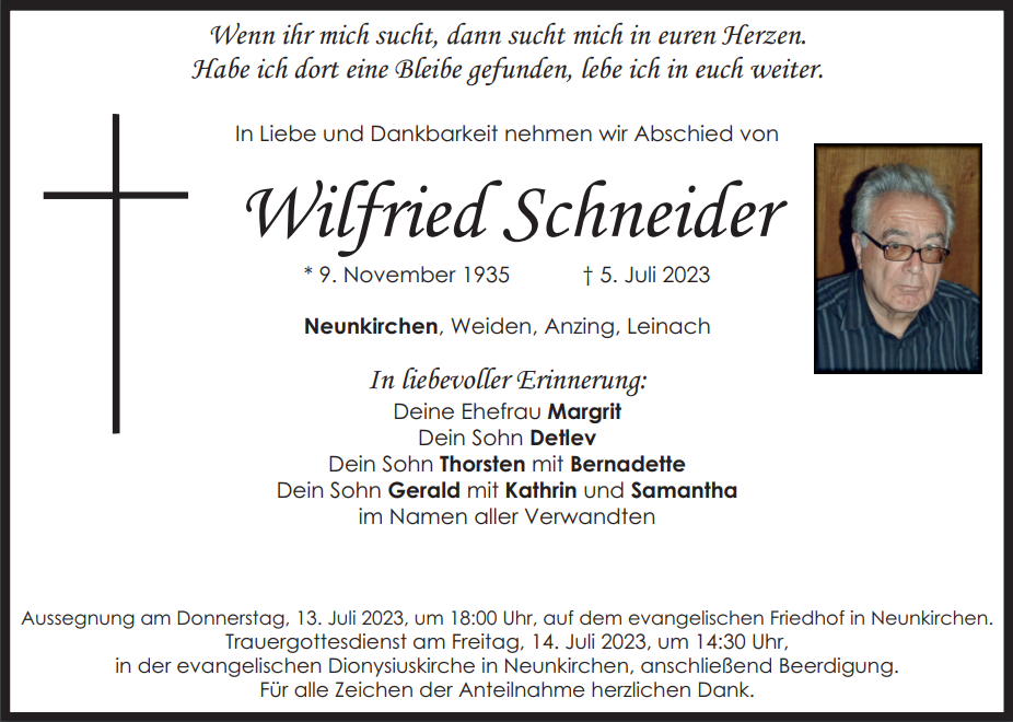 Traueranzeige Wilfried Schneider, Neunkirchen