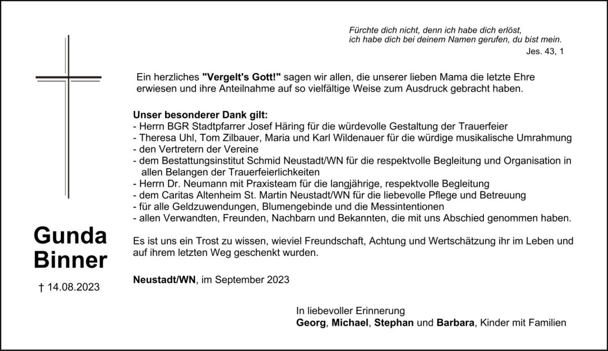Danksagung Gunda Binner, Neustadt/WN
