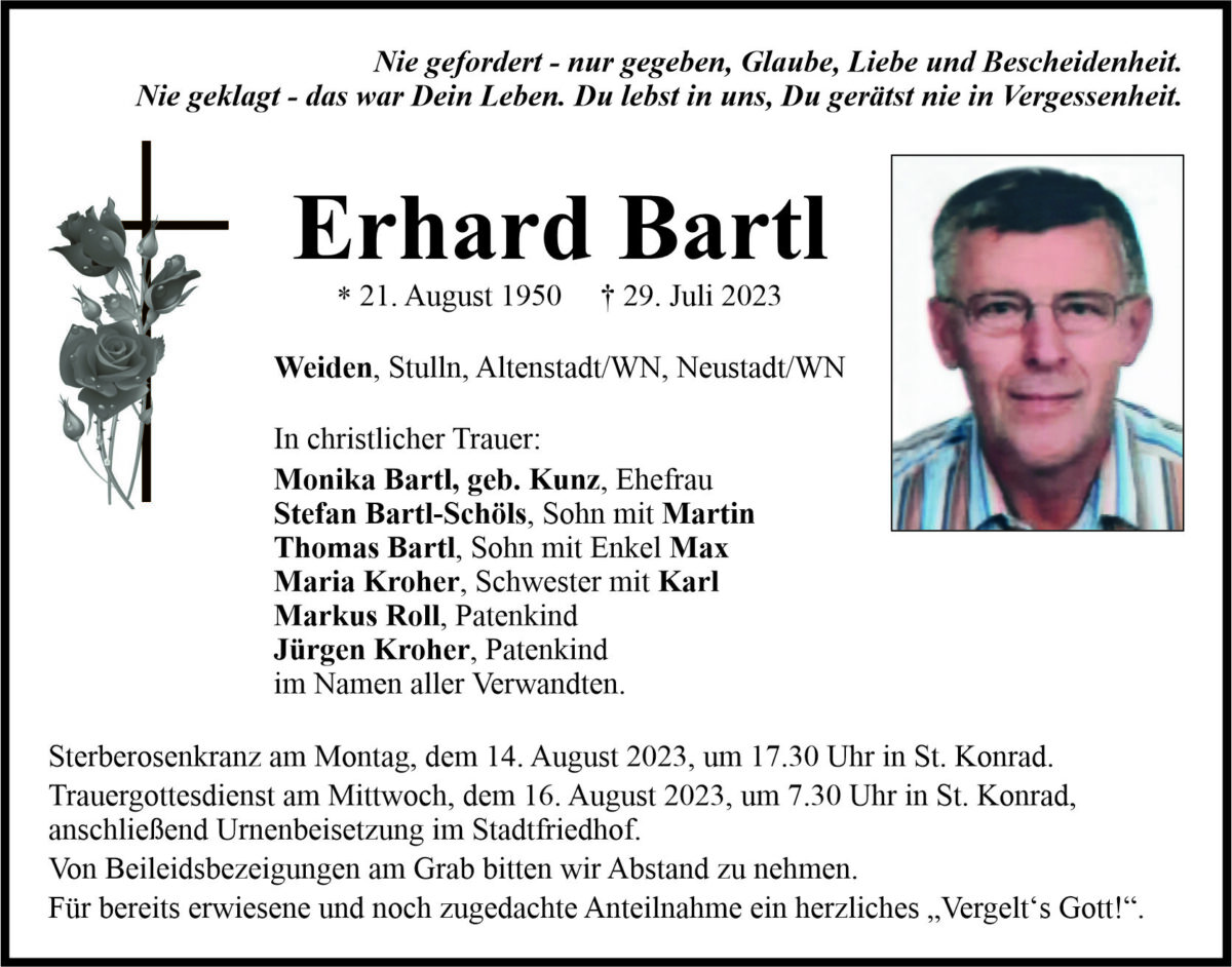 Traueranzeige Erhard Bartl, Weiden