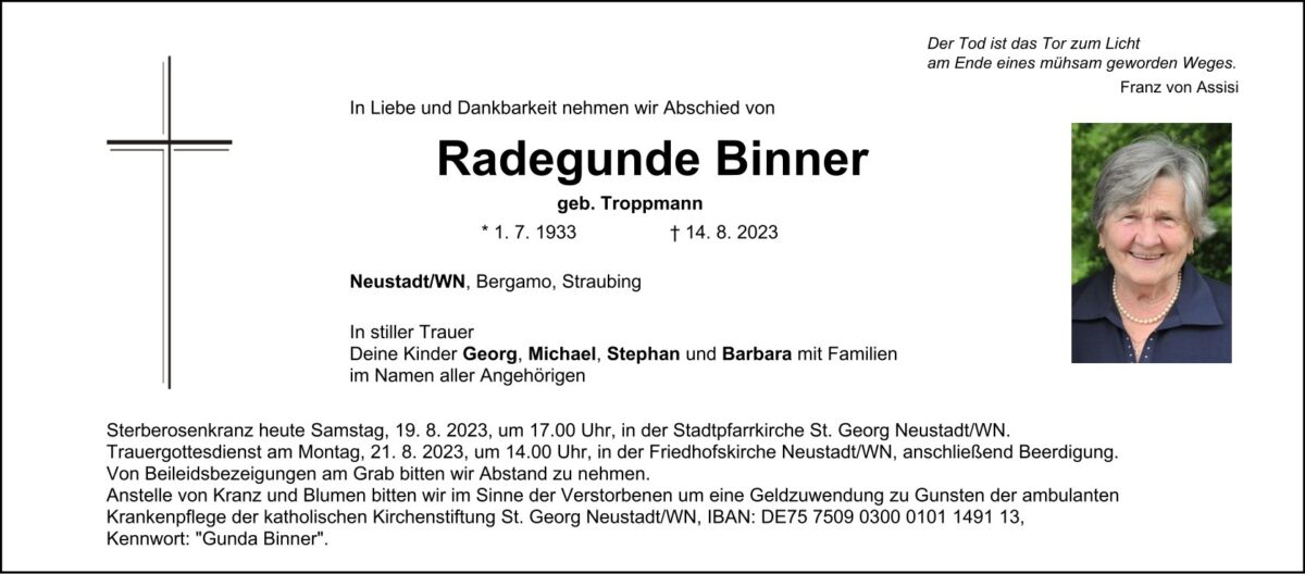 Traueranzeige Radegunde Binner, Neustadt/WN