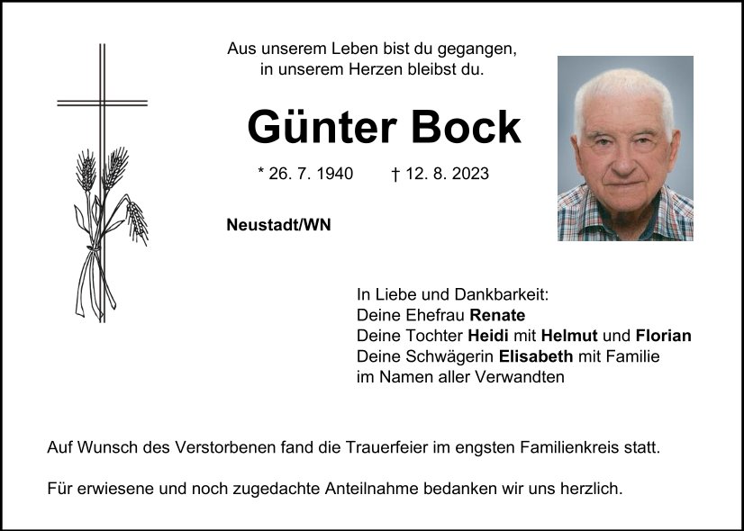 Traueranzeige Günter Bock, Neustadt/WN