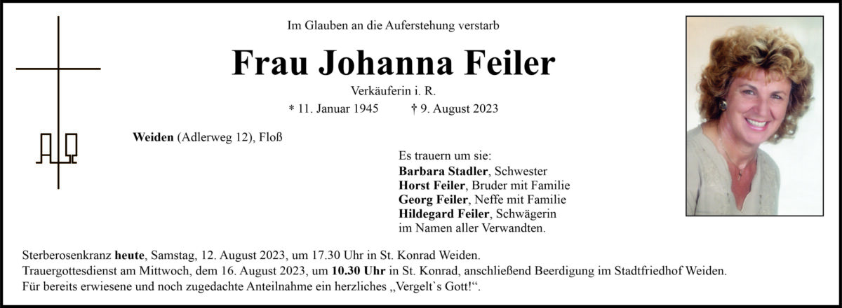 Traueranzeige Johanna Feiler, Weiden