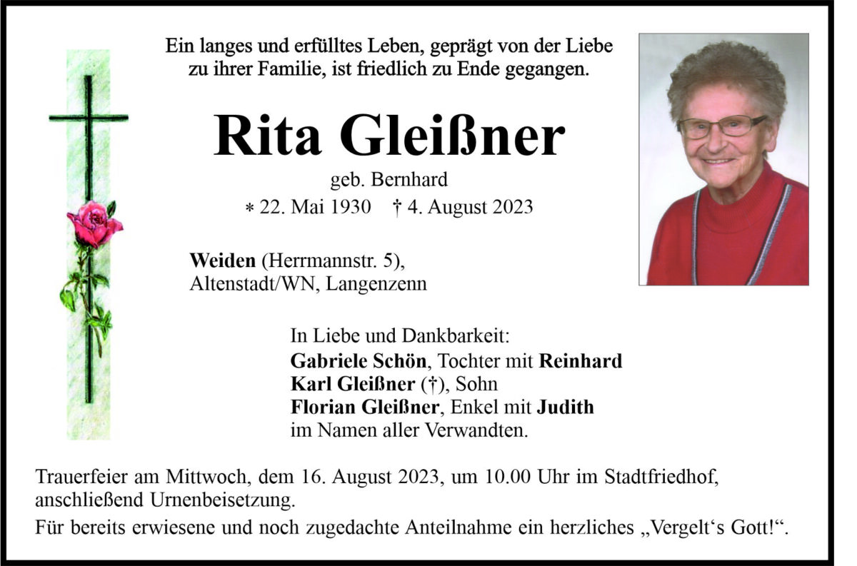 Traueranzeige Rita Gleißner, Weiden