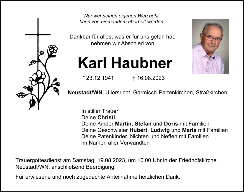 Traueranzeige Karl Haubner, Neustadt/WN