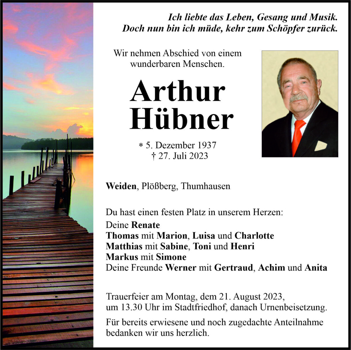 Traueranzeige Arthur Hübner, Weiden