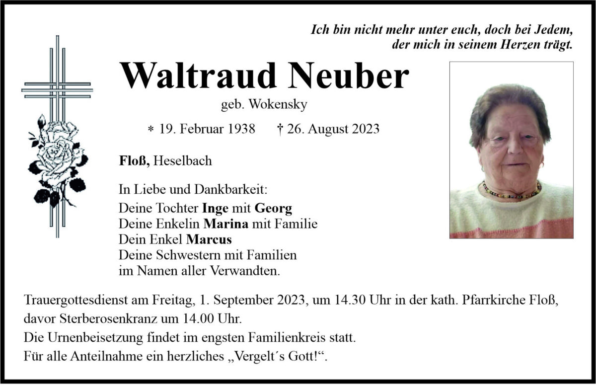 Traueranzeige Waltraud Neuber, Floß