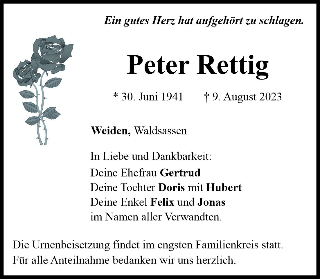 Traueranzeige Peter Rettig, Weiden