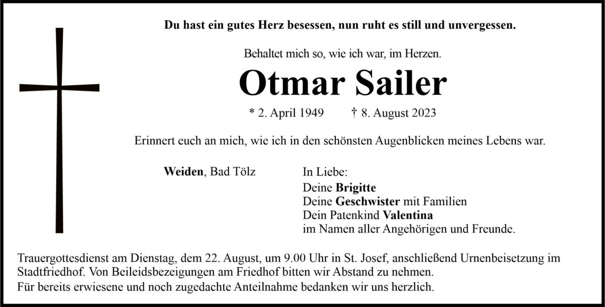 Traueranzeige Otmar Sailer, Weiden