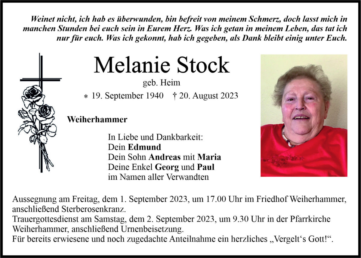 Traueranzeige Melanie Stock, Weiherhammer