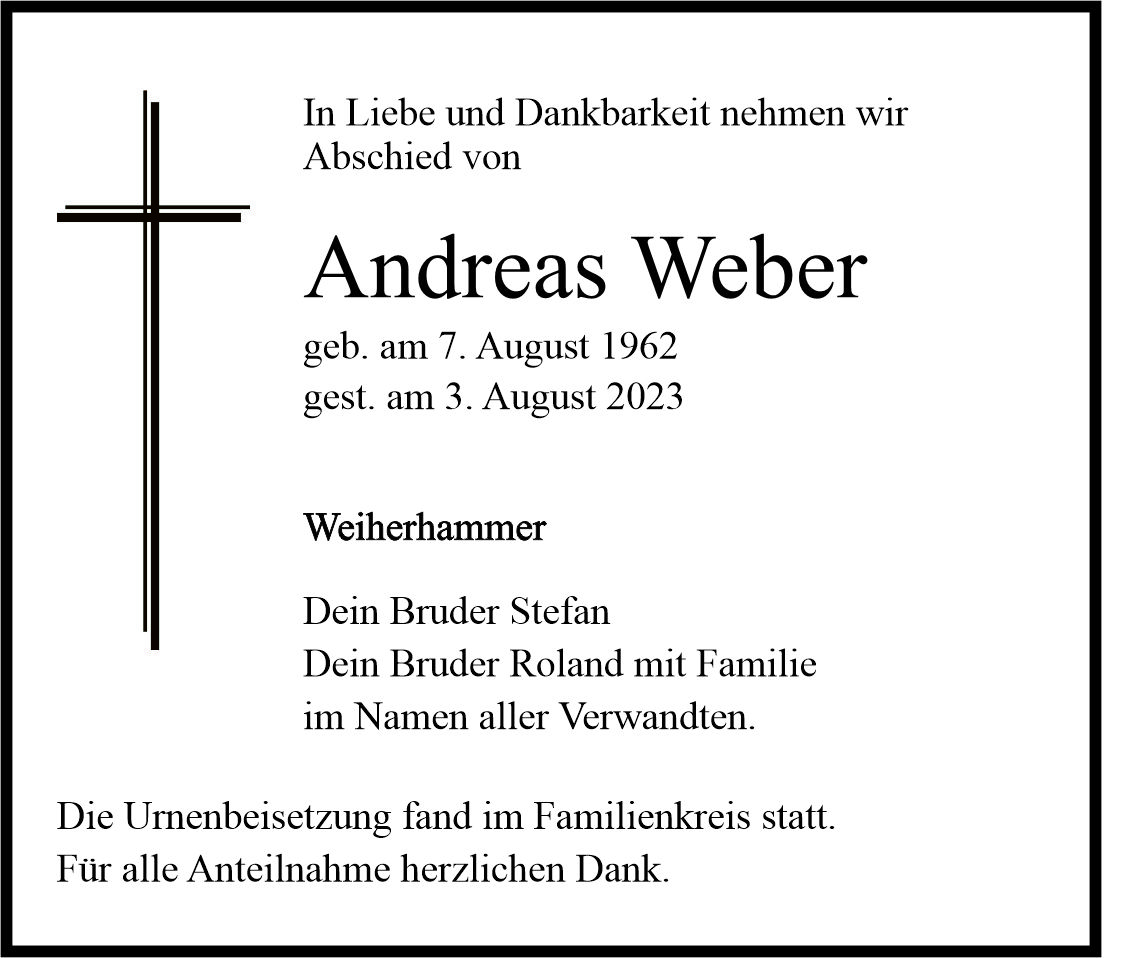 Traueranzeige Andreas Weber, Weiherhammer