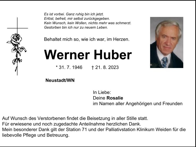 Traueranzeige Werner Huber, Neustadt/WN