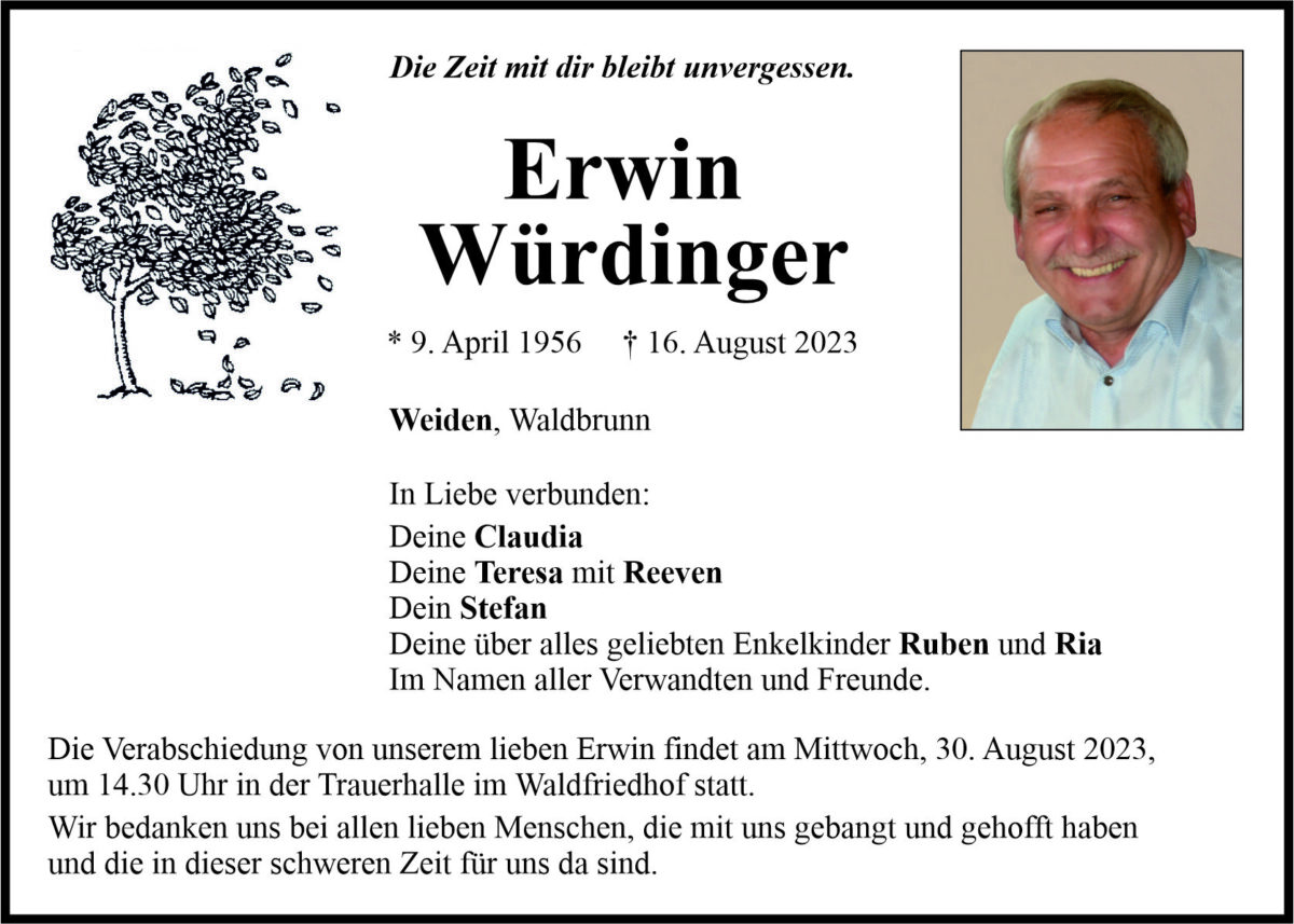 Traueranzeige Erwin Würdinger, Weiden