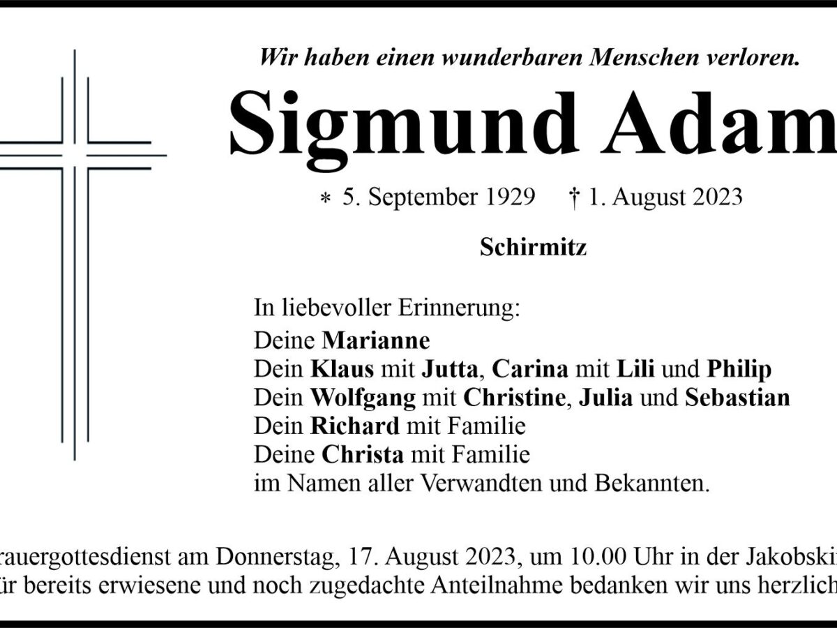 Traueranzeige Sigmund Adam, Schirmitz