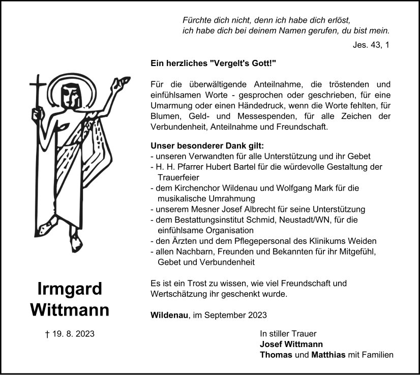 Danksagung Irmgard Wittmann, Wildenau