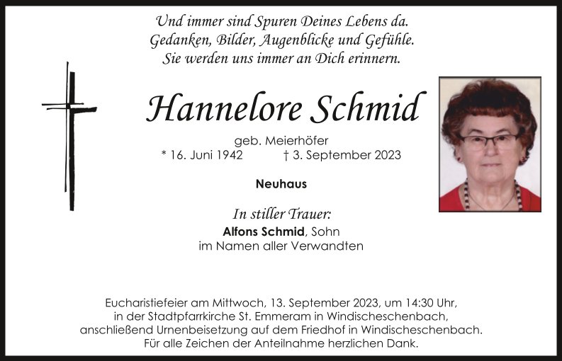 Traueranzeige Hannelore Schmid, Neuhaus