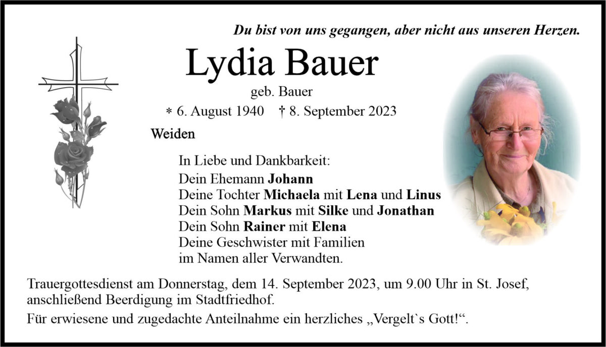 Traueranzeige Lydia Bauer, Weiden