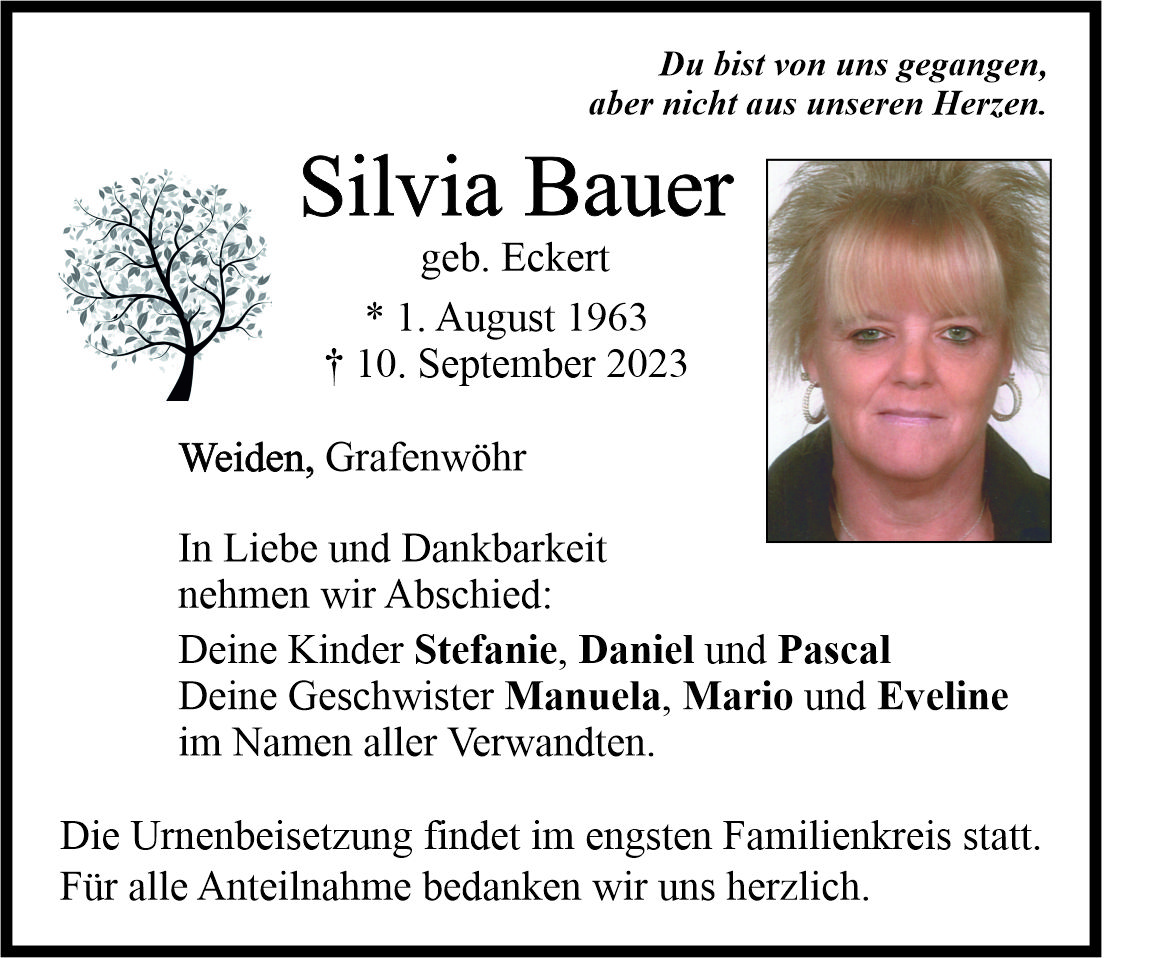Traueranzeige Silvia Bauer, Weiden