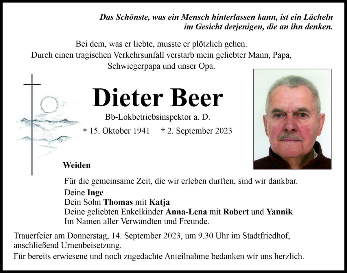 Traueranzeige Dieter Beer, Weiden