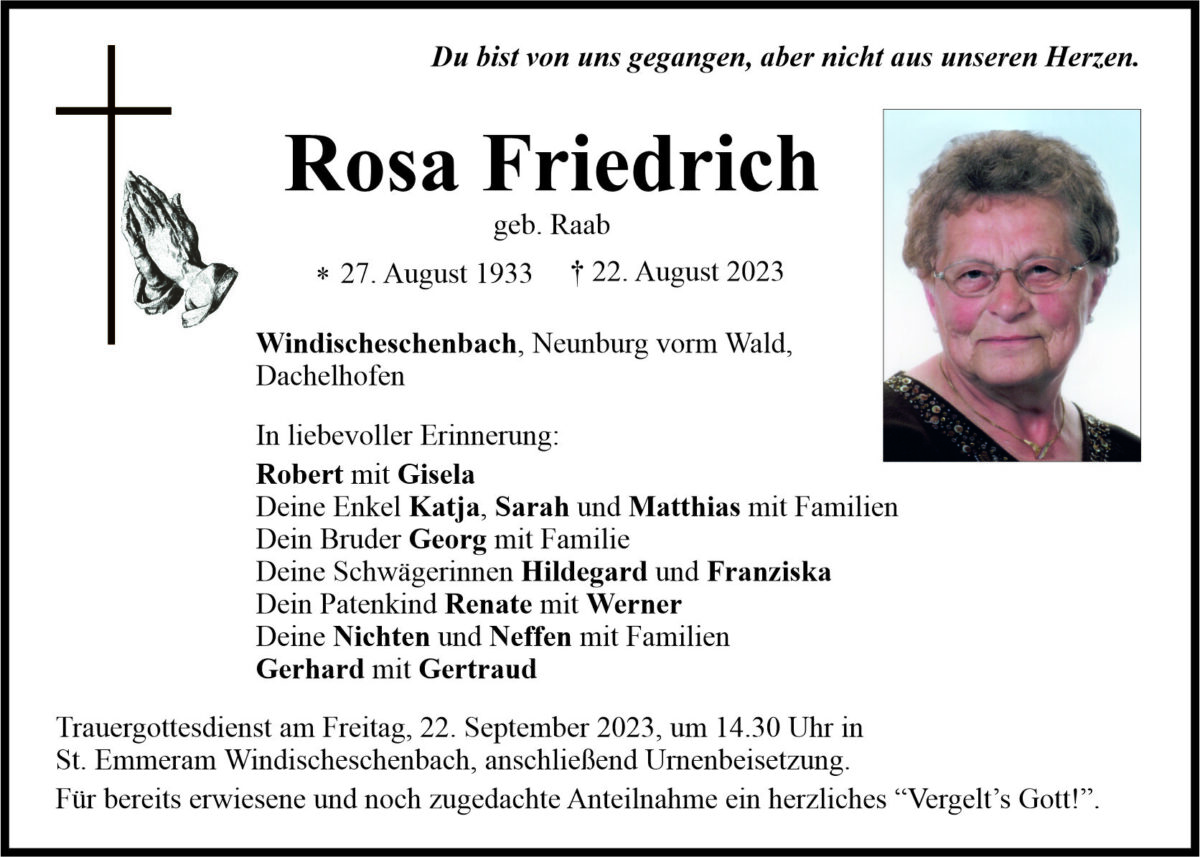 Traueranzeige Rosa Friedrich, Windischeschenbach