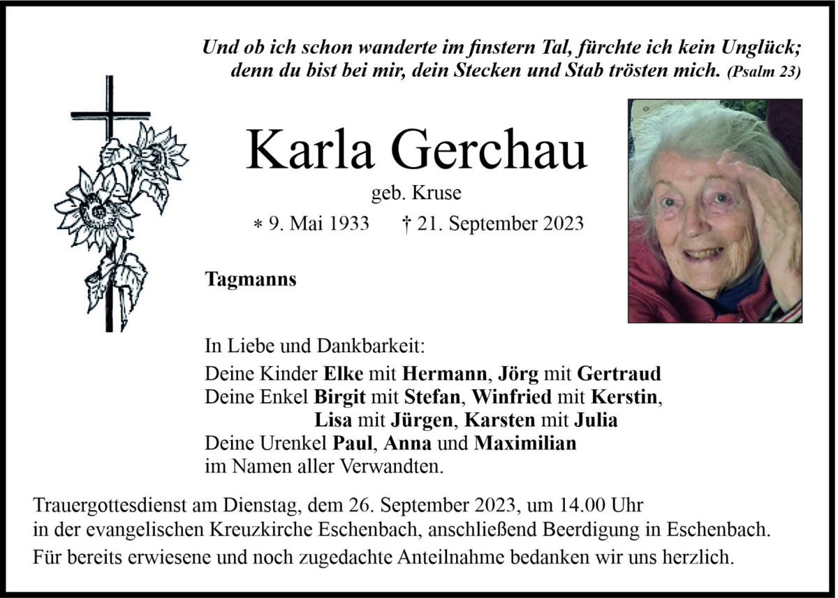 Traueranzeige Karla Gerchau, Tagmanns