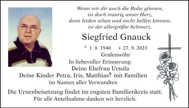 Traueranzeige Siegfried Gnauck, Grafenwöhr