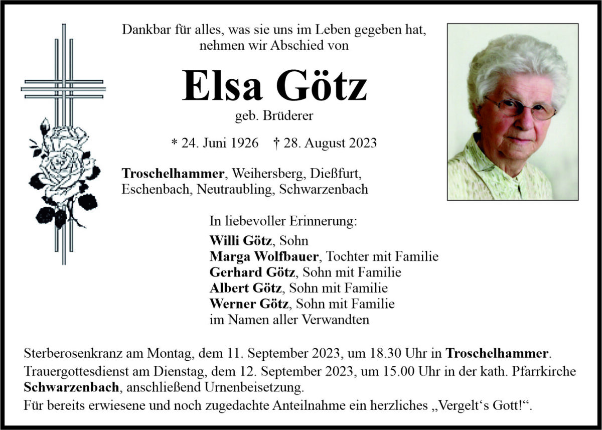 Traueranzeige Elsa Götz, Troschelhammer