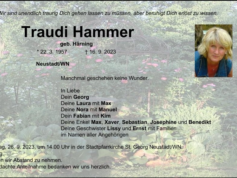 Traueranzeige Traudi Hammer, Neustadt/WN
