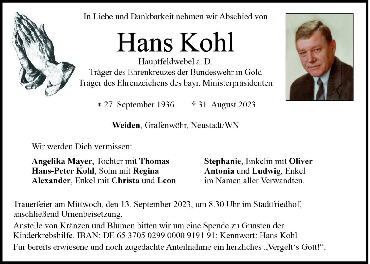 Traueranzeige Hans Kohl, Weiden