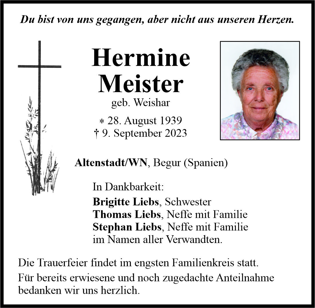 Traueranzeige Hermine Meister, Altenstadt/WN