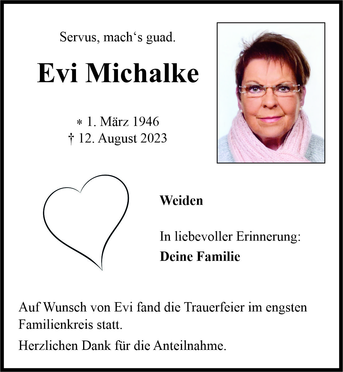 Traueranzeige Evi Michalke, Weiden