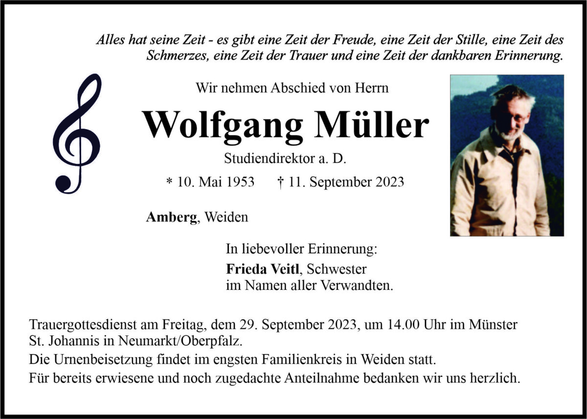 Traueranzeige Wolfgang Müller, Amberg