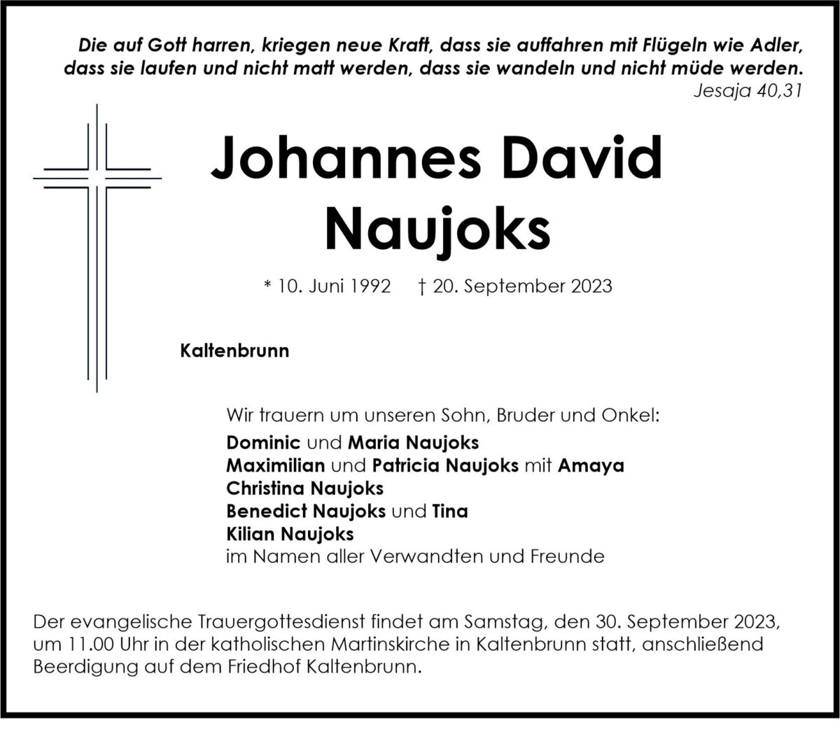 Traueranzeige Johannes David Naujoks, Kaltenbrunn
