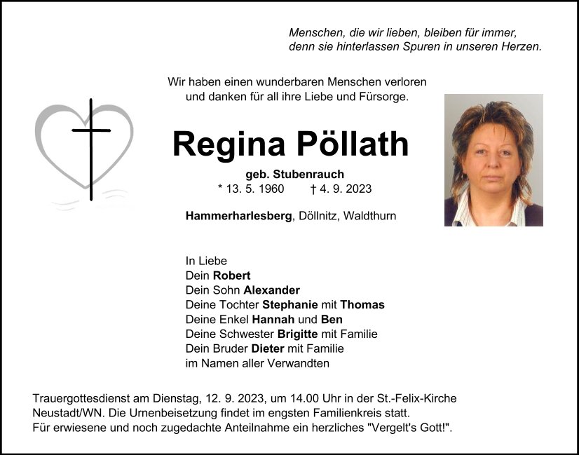 Traueranzeige Regina Pöllath, Hammerharlesberg