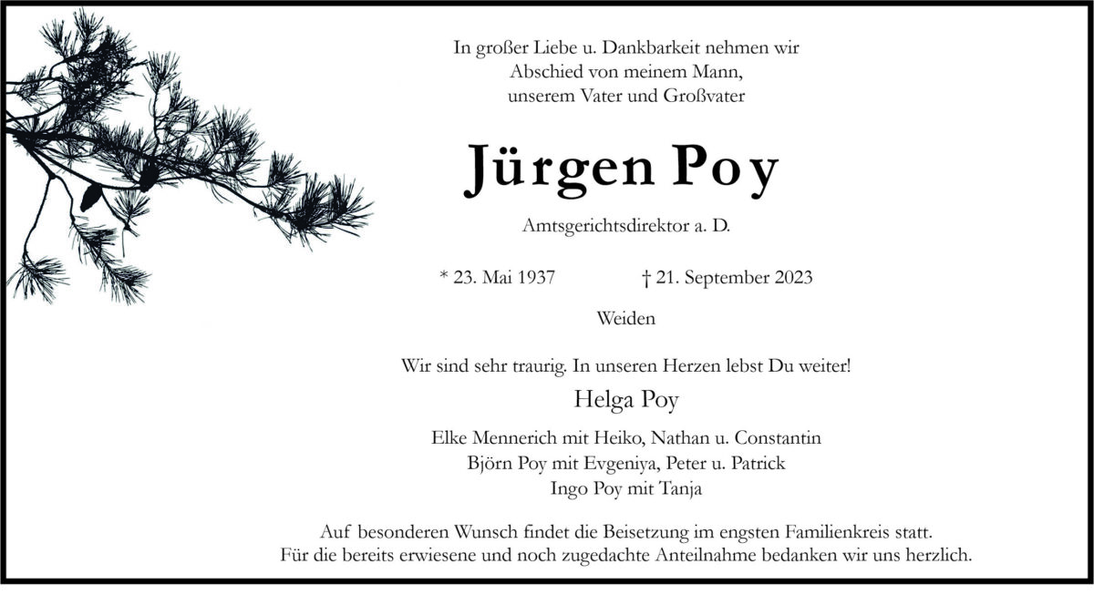 Traueranzeige Jürgen Poy, Weiden