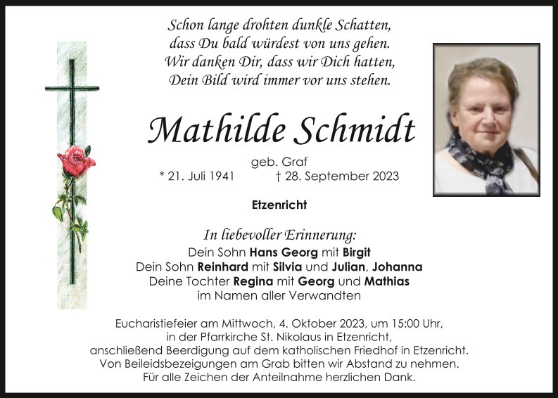 Traueranzeige Mathilde Schmidt, Etzenricht