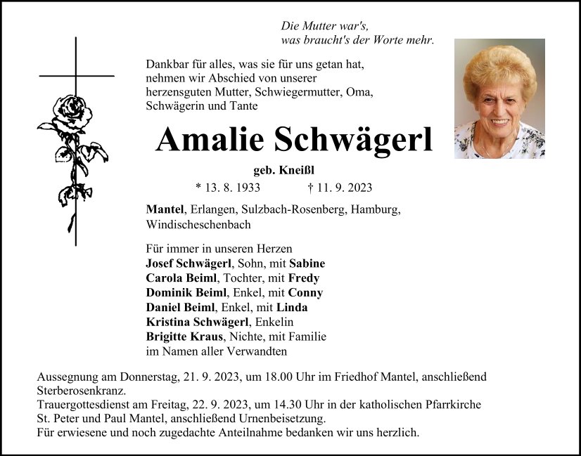 Traueranzeige Amalie Schwägerl, Mantel