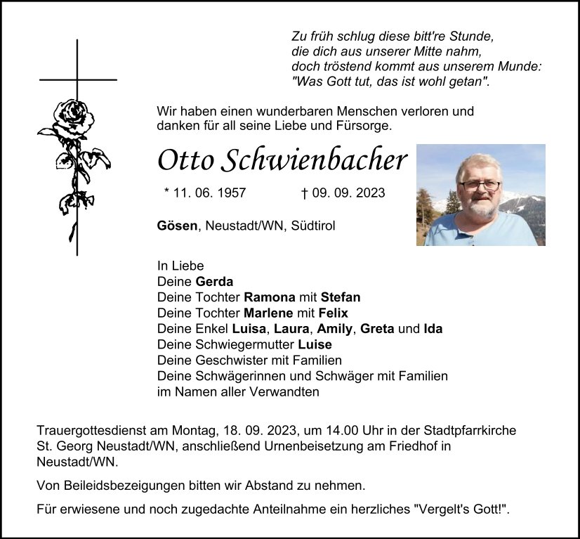 Traueranzeige Otto Schwienbacher, Gösen