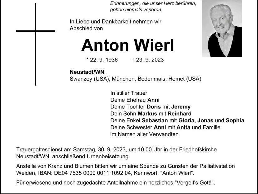Traueranzeige Anton Wierl, Neustadt/WN