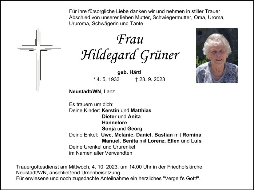 Traueranzeige Hildegard Grüner, Neustadt/WN