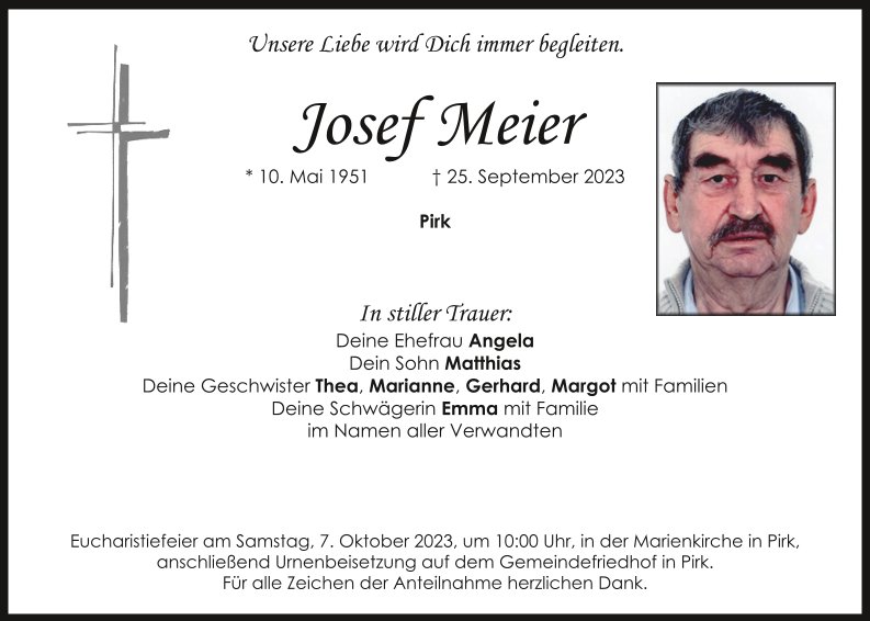 Traueranzeige Josef Meier, Pirk