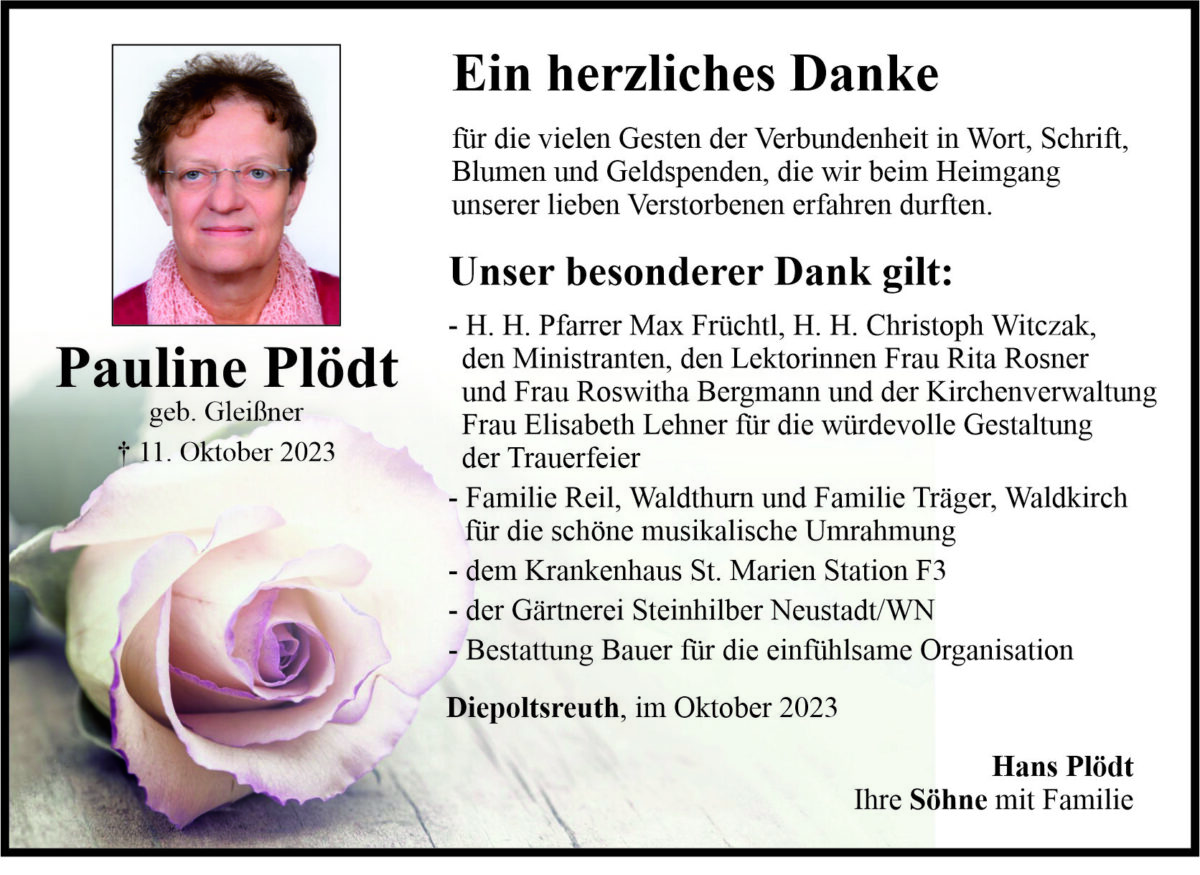 Danksagung Pauline Plödt, Diepoltsreuth