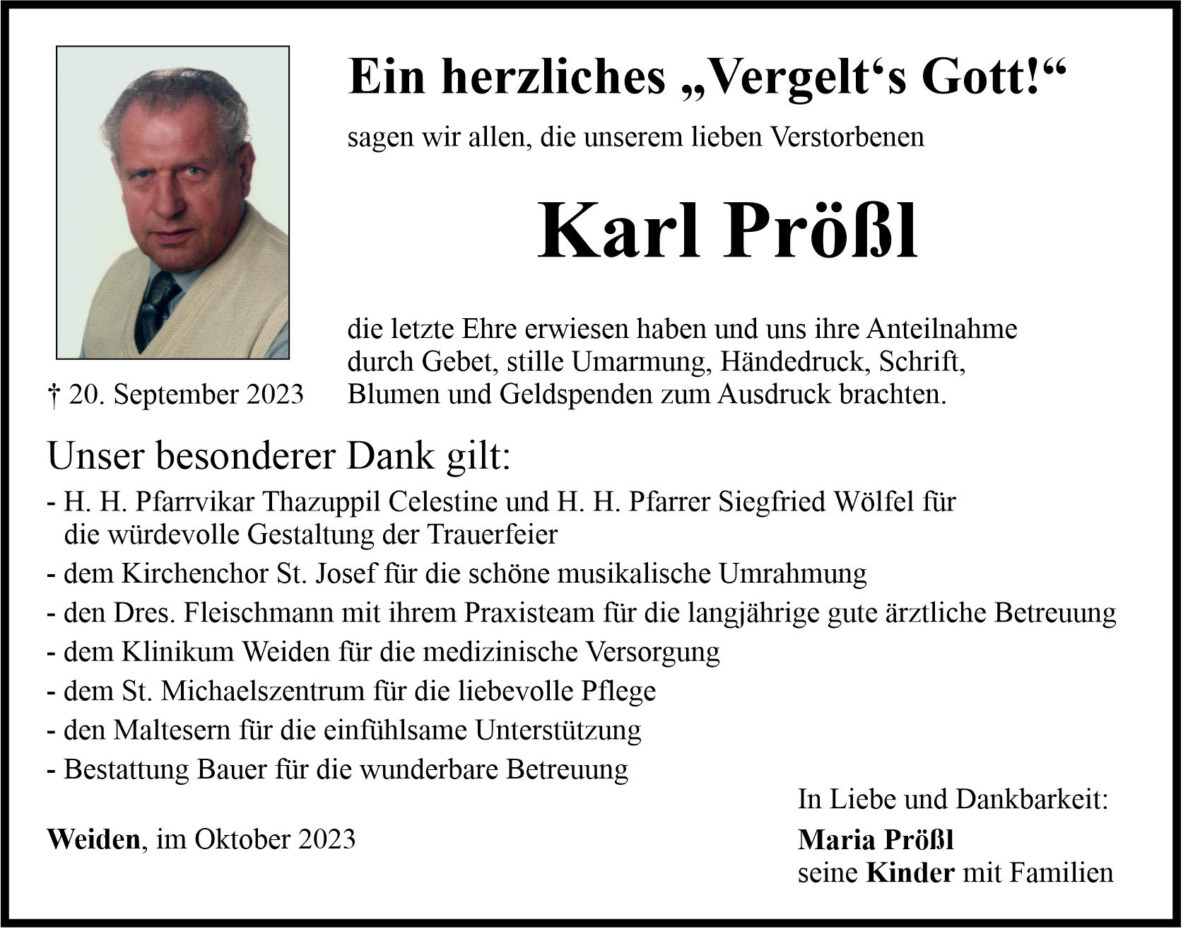 Danksagung Karl Prößl, Weiden