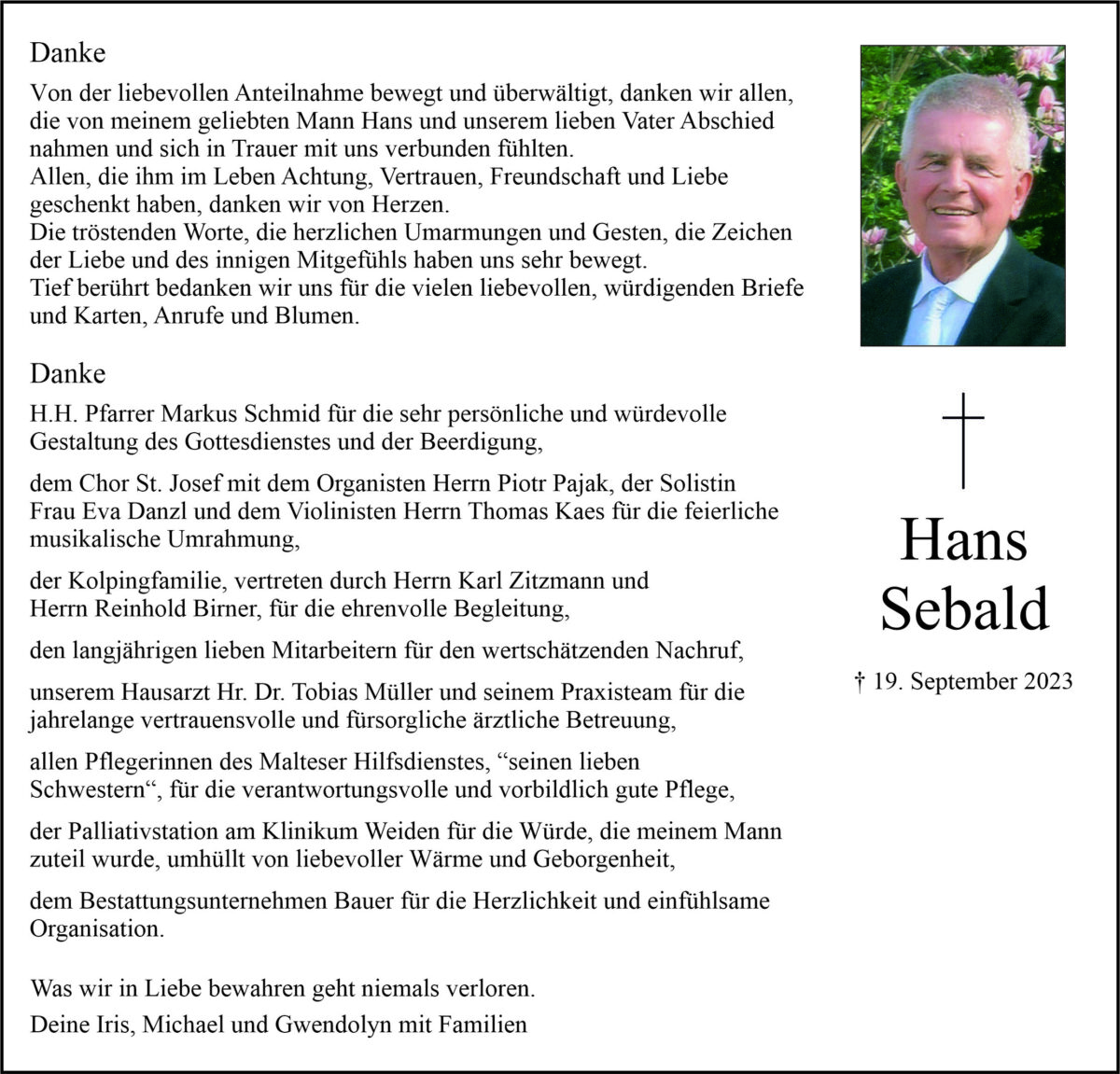Danksagung Hans Sebald