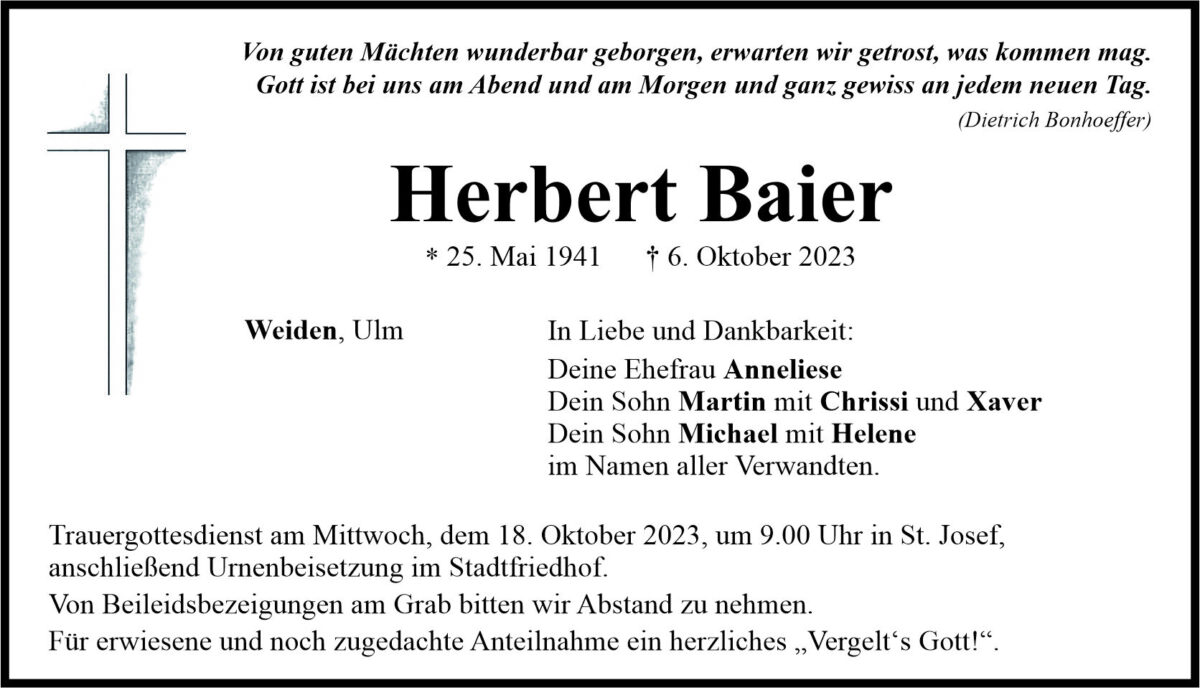Traueranzeige Herbert Baier, Weiden