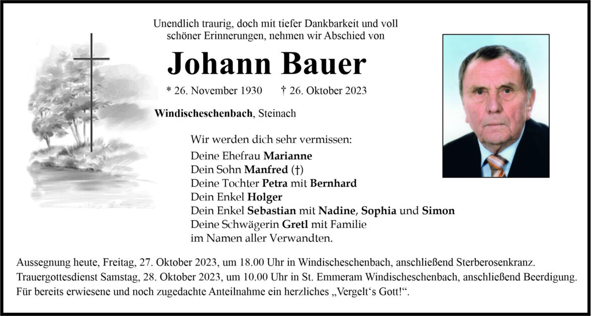 Traueranzeige Johann Bauer, Windischeschenbach