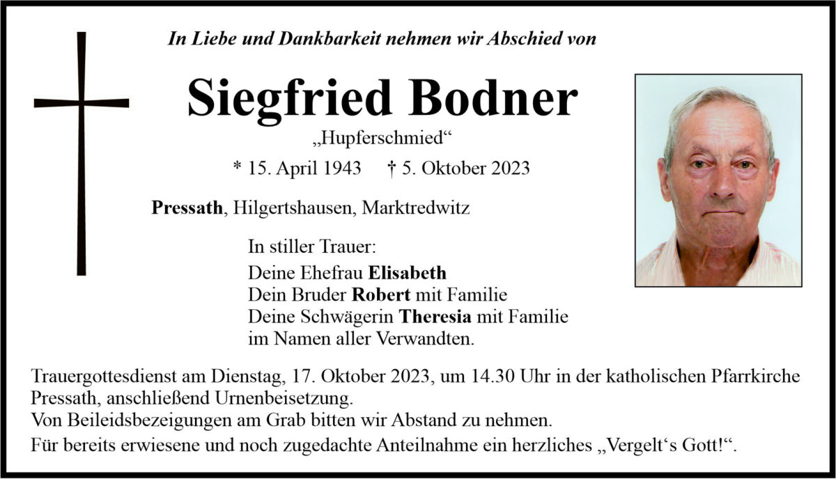 Traueranzeige Siegfried Bodner, Pressath